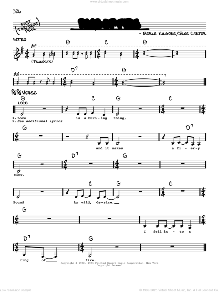 Ring Of Fire sheet music for voice and other instruments (real book with lyrics) by Johnny Cash, Alan Jackson, June Carter and Merle Kilgore, intermediate skill level