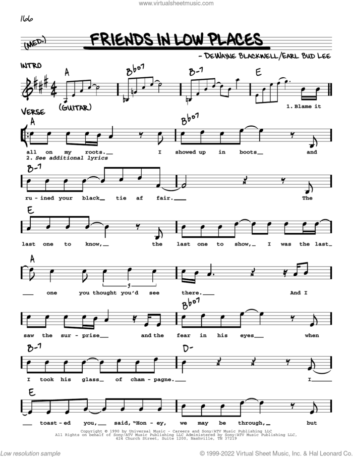 Friends In Low Places sheet music for voice and other instruments (real book with lyrics) by Garth Brooks, DeWayne Blackwell and Earl Bud Lee, intermediate skill level