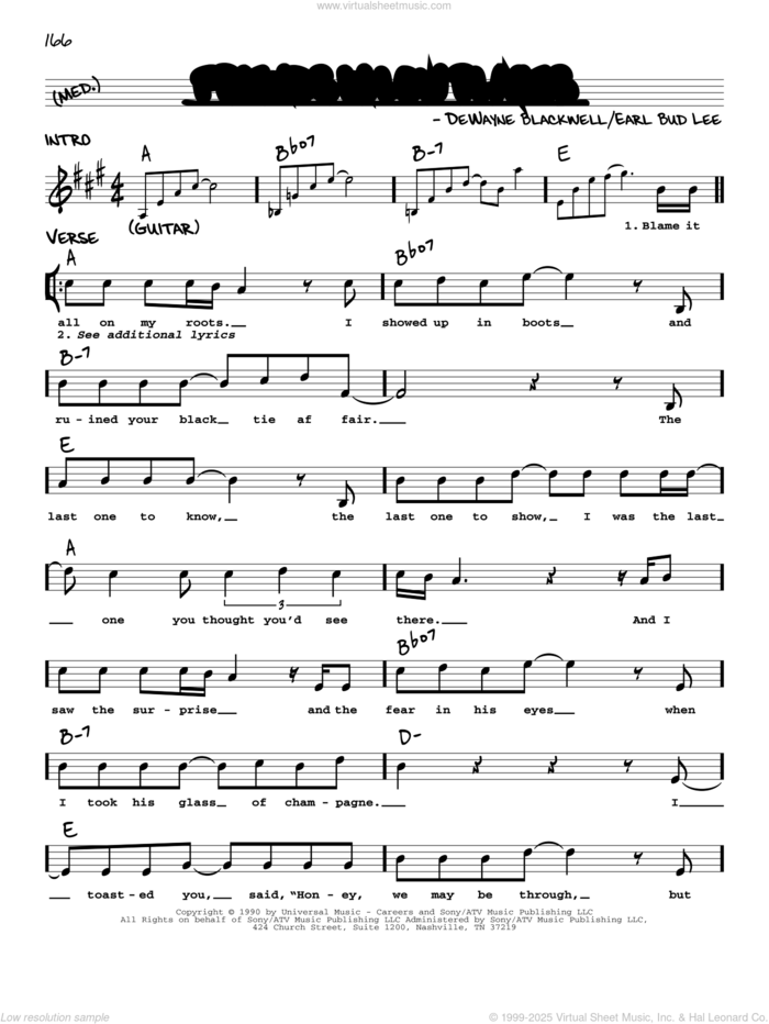 Friends In Low Places sheet music for voice and other instruments (real book with lyrics) by Garth Brooks, DeWayne Blackwell and Earl Bud Lee, intermediate skill level