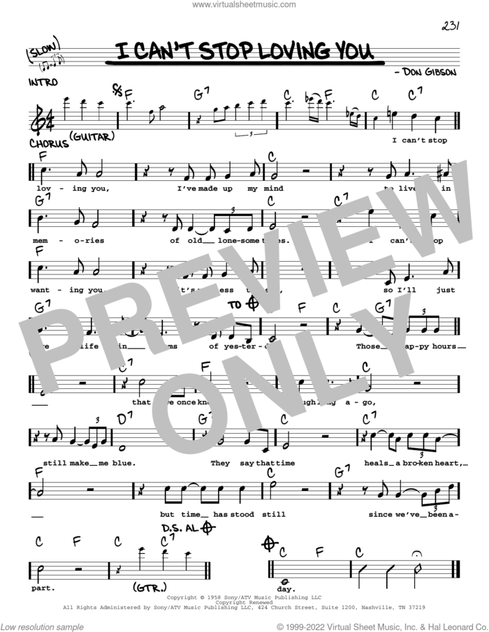 I Can't Stop Loving You sheet music for voice and other instruments (real book with lyrics) by Don Gibson, Conway Twitty, Elvis Presley, Kitty Wells and Ray Charles, intermediate skill level