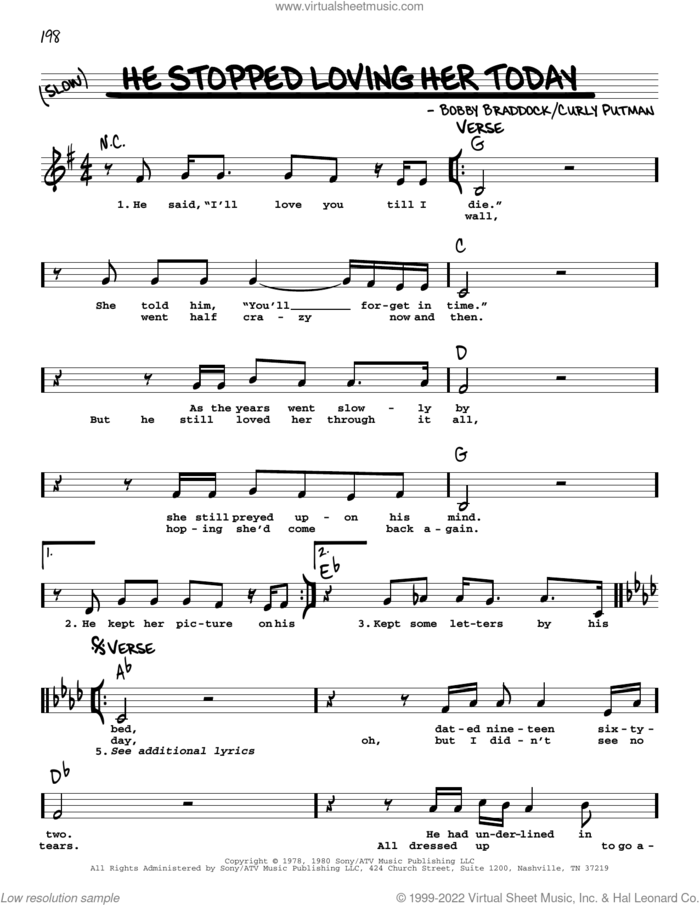 He Stopped Loving Her Today sheet music for voice and other instruments (real book with lyrics) by George Jones, Bobby Braddock and Curly Putman, intermediate skill level