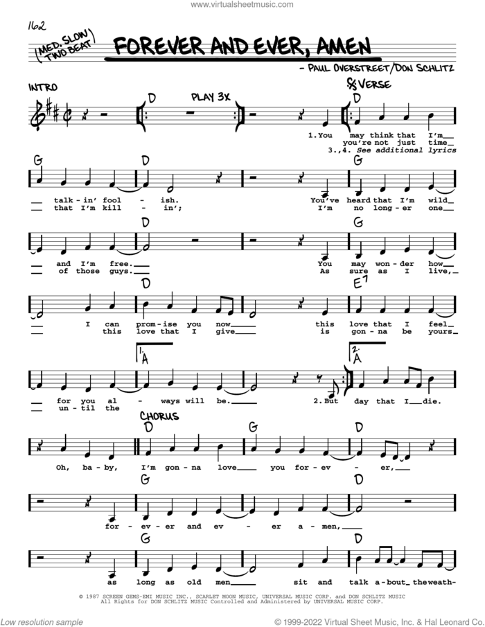 Forever And Ever, Amen sheet music for voice and other instruments (real book with lyrics) by Randy Travis, Don Schlitz and Paul Overstreet, intermediate skill level