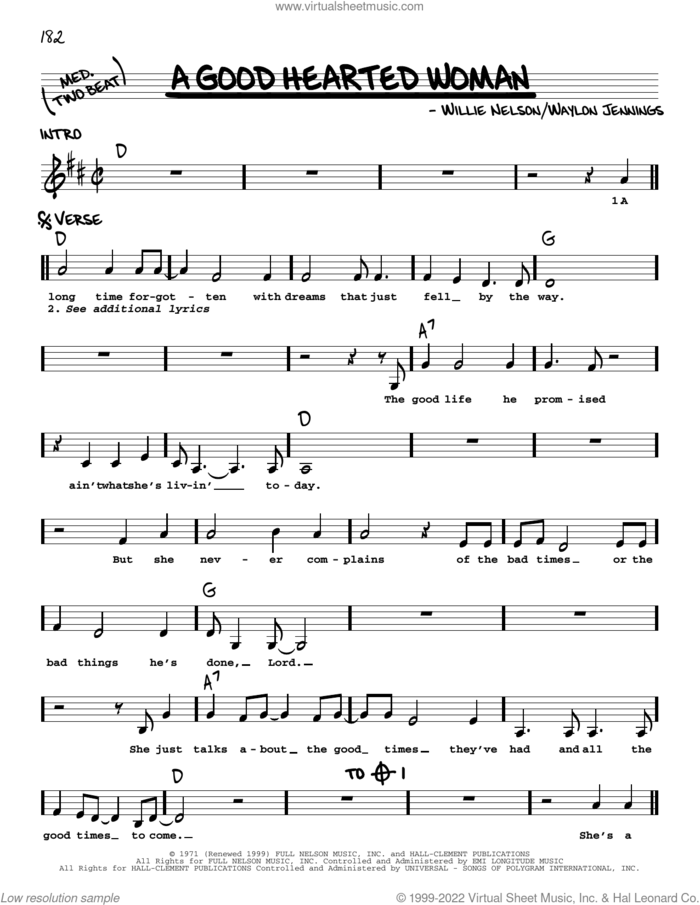 A Good Hearted Woman sheet music for voice and other instruments (real book with lyrics) by Willie Nelson and Waylon Jennings, intermediate skill level