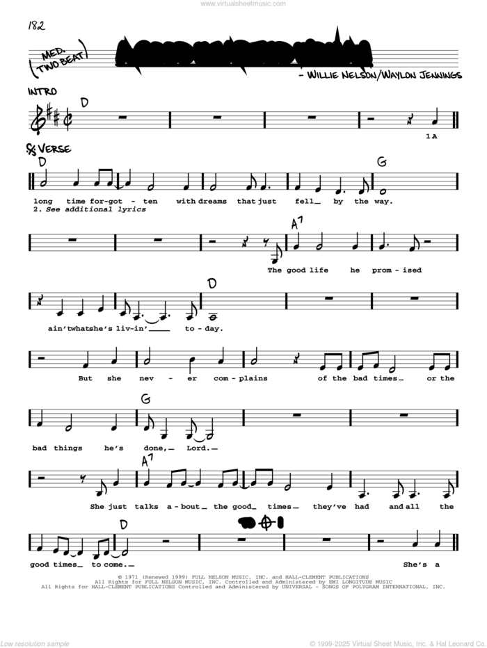 A Good Hearted Woman sheet music for voice and other instruments (real book with lyrics) by Willie Nelson and Waylon Jennings, intermediate skill level