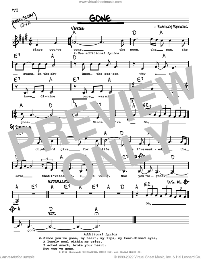 Gone sheet music for voice and other instruments (real book with lyrics) by Ferlin Husky and Smokey Rogers, intermediate skill level