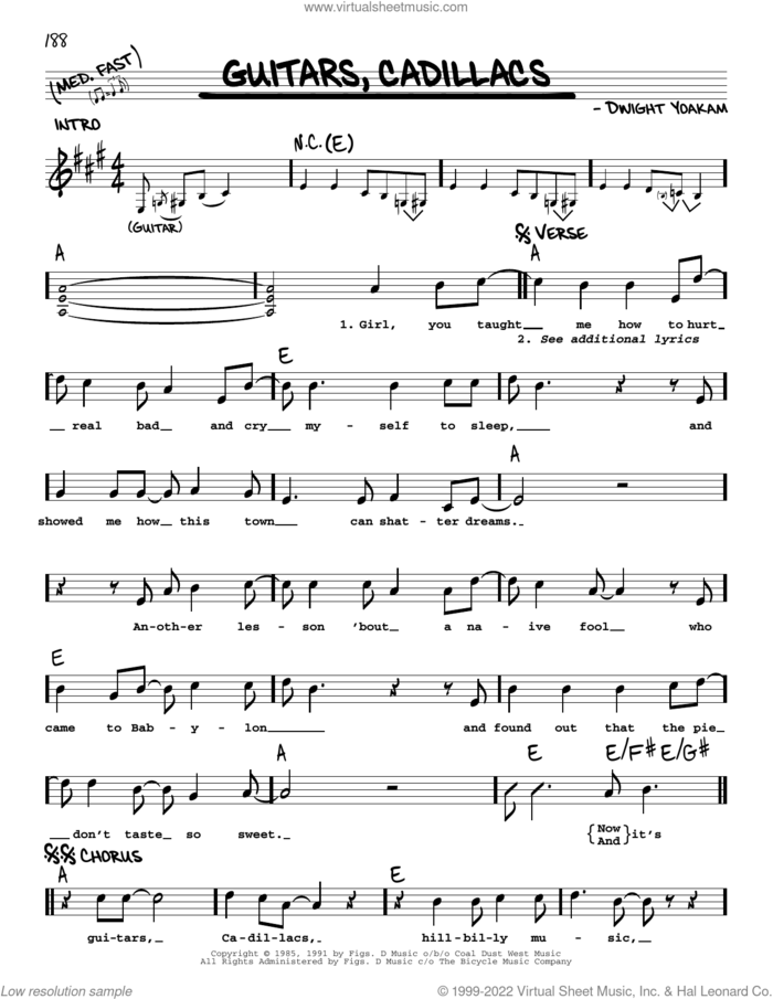 Guitars, Cadillacs sheet music for voice and other instruments (real book with lyrics) by Dwight Yoakam, intermediate skill level
