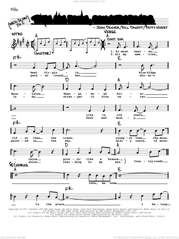 Take Me Home, Country Roads sheet music for voice and other instruments (real book with lyrics) by John Denver, Bill Danoff and Taffy Nivert, intermediate skill level