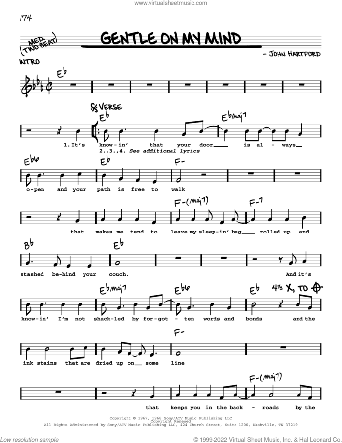 Gentle On My Mind sheet music for voice and other instruments (real book with lyrics) by Glen Campbell and John Hartford, intermediate skill level