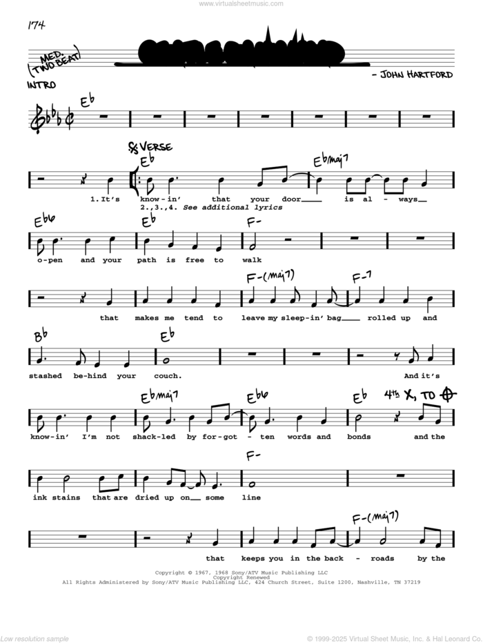 Gentle On My Mind sheet music for voice and other instruments (real book with lyrics) by Glen Campbell and John Hartford, intermediate skill level