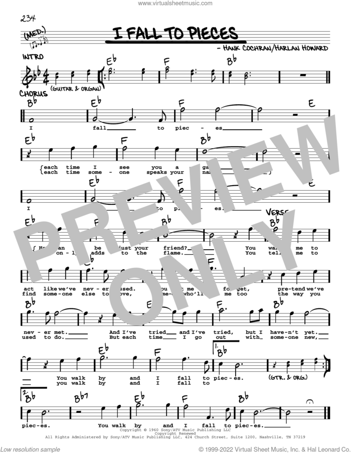 I Fall To Pieces sheet music for voice and other instruments (real book with lyrics) by Patsy Cline, Aaron Neville & Trisha Yearwood, Hank Cochran and Harlan Howard, intermediate skill level