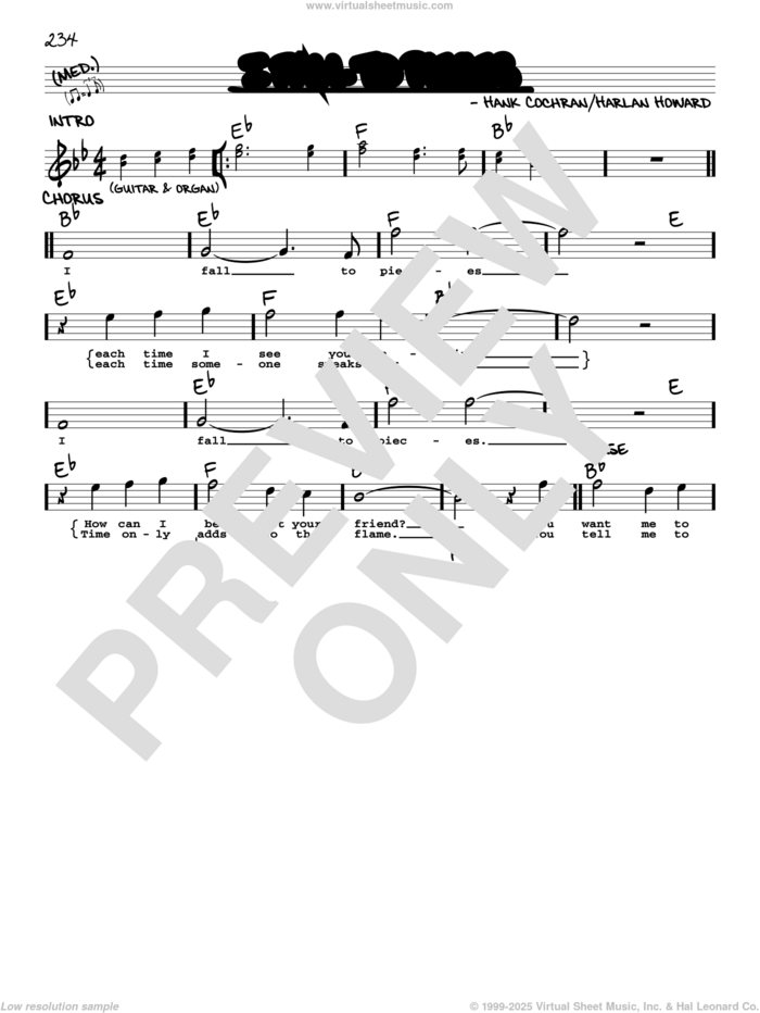 I Fall To Pieces sheet music for voice and other instruments (real book with lyrics) by Patsy Cline, Aaron Neville & Trisha Yearwood, Hank Cochran and Harlan Howard, intermediate skill level