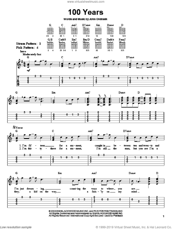 100 Years sheet music for guitar solo (easy tablature) by Five For Fighting and John Ondrasik, easy guitar (easy tablature)