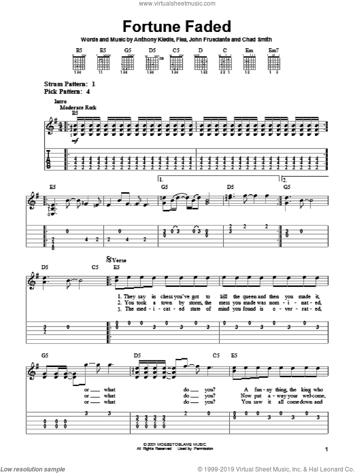 Fortune Faded sheet music for guitar solo (easy tablature) by Red Hot Chili Peppers, Anthony Kiedis, Flea and John Frusciante, easy guitar (easy tablature)
