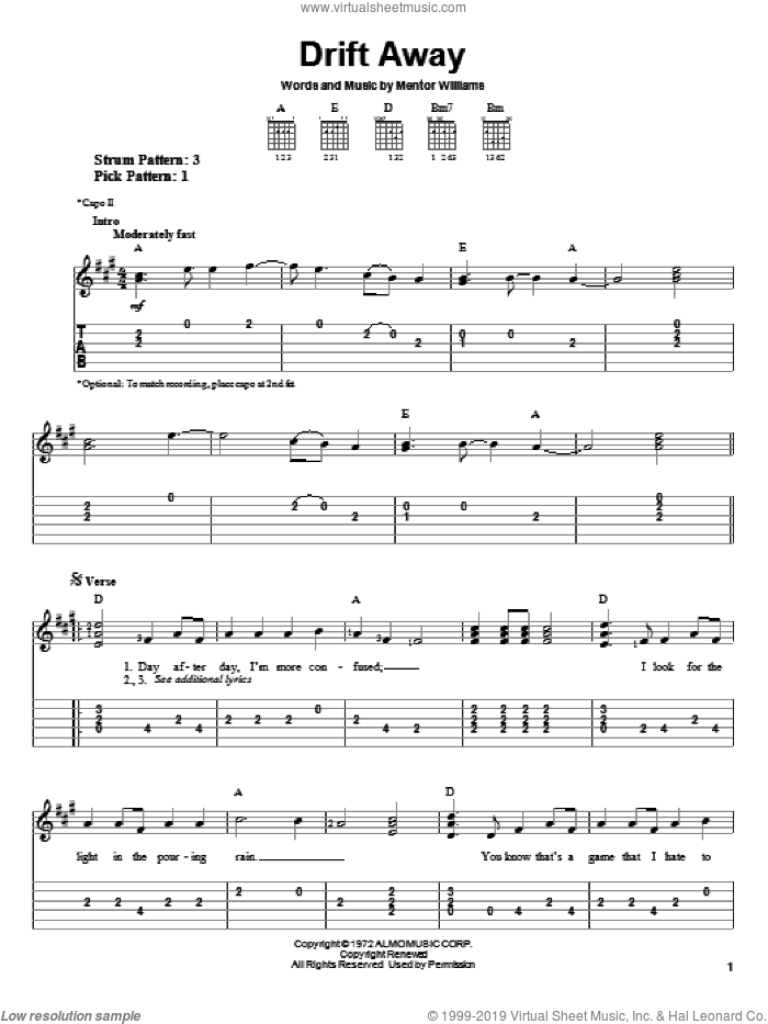 Drift Away sheet music for guitar solo (easy tablature) by Uncle Kracker, Dobie Gray and Mentor Williams, easy guitar (easy tablature)