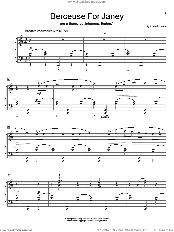 Berceuse For Janey sheet music for piano solo (elementary) by Carol Klose and Miscellaneous, beginner piano (elementary)