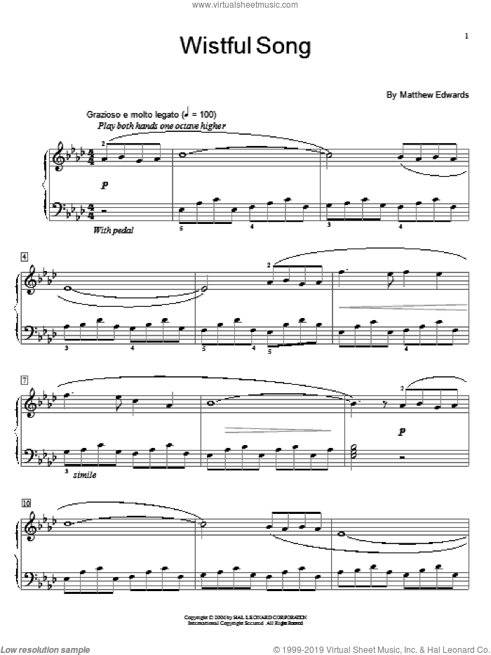 Wistful Song sheet music for piano solo (elementary) by Matthew Edwards and Miscellaneous, beginner piano (elementary)