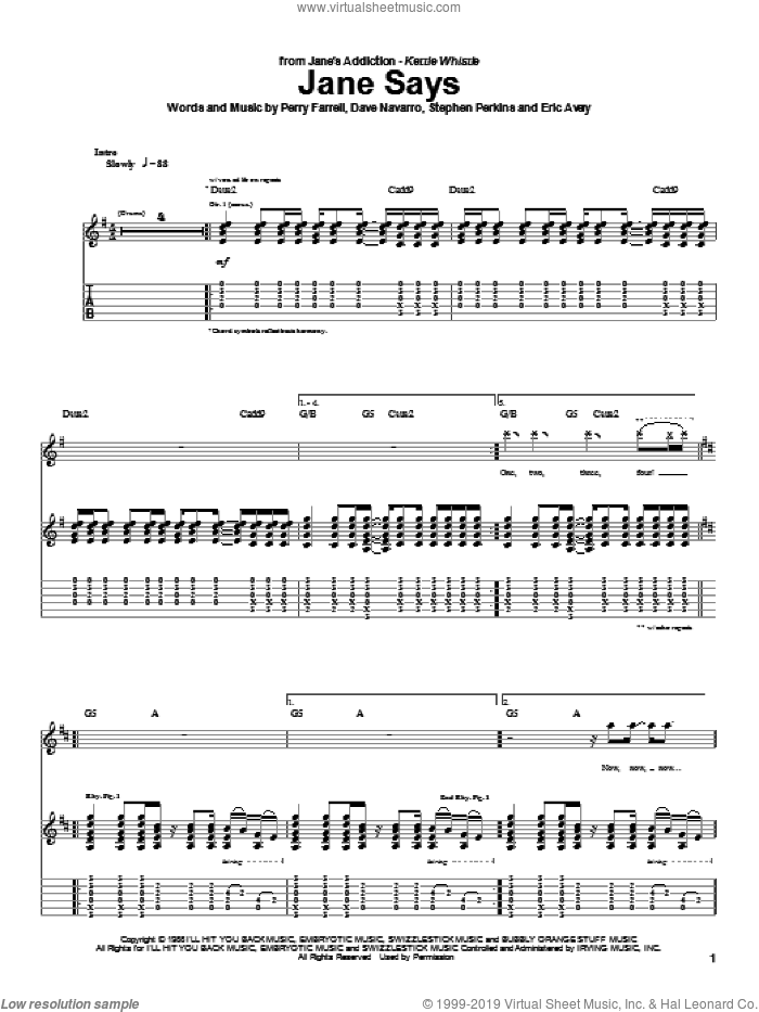 Jane Says sheet music for guitar (tablature) by Jane's Addiction, Dave Navarro, Perry Farrell and Stephen Perkins, intermediate skill level