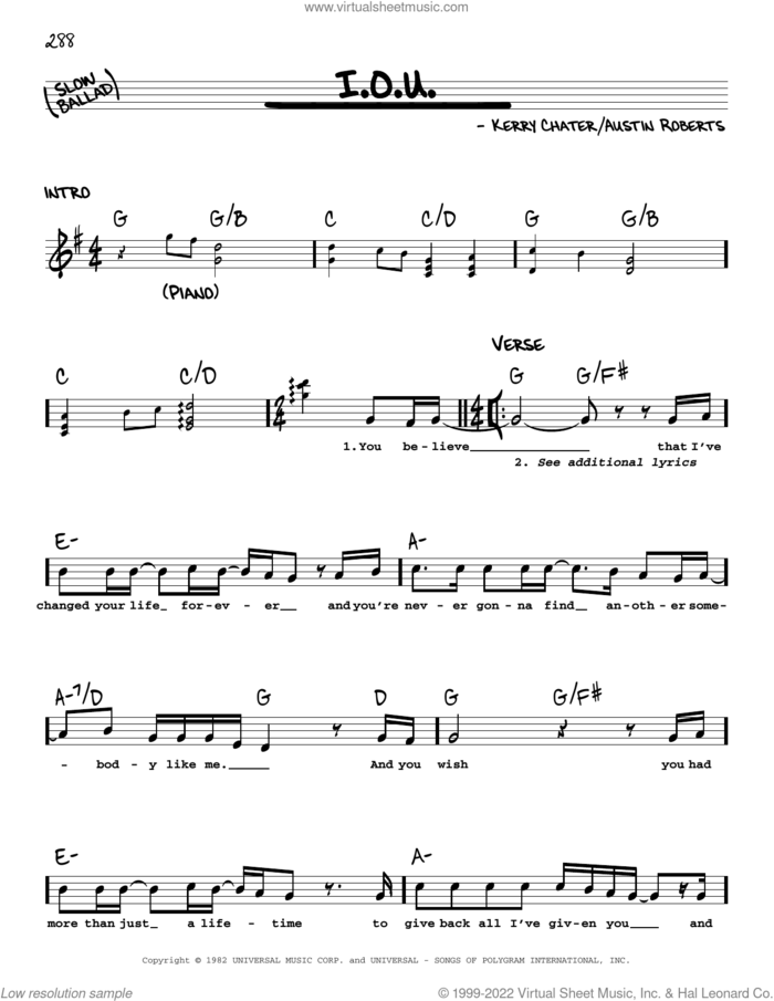I.O.U. sheet music for voice and other instruments (real book with lyrics) by Lee Greenwood, Austin Roberts and Kerry Chater, intermediate skill level