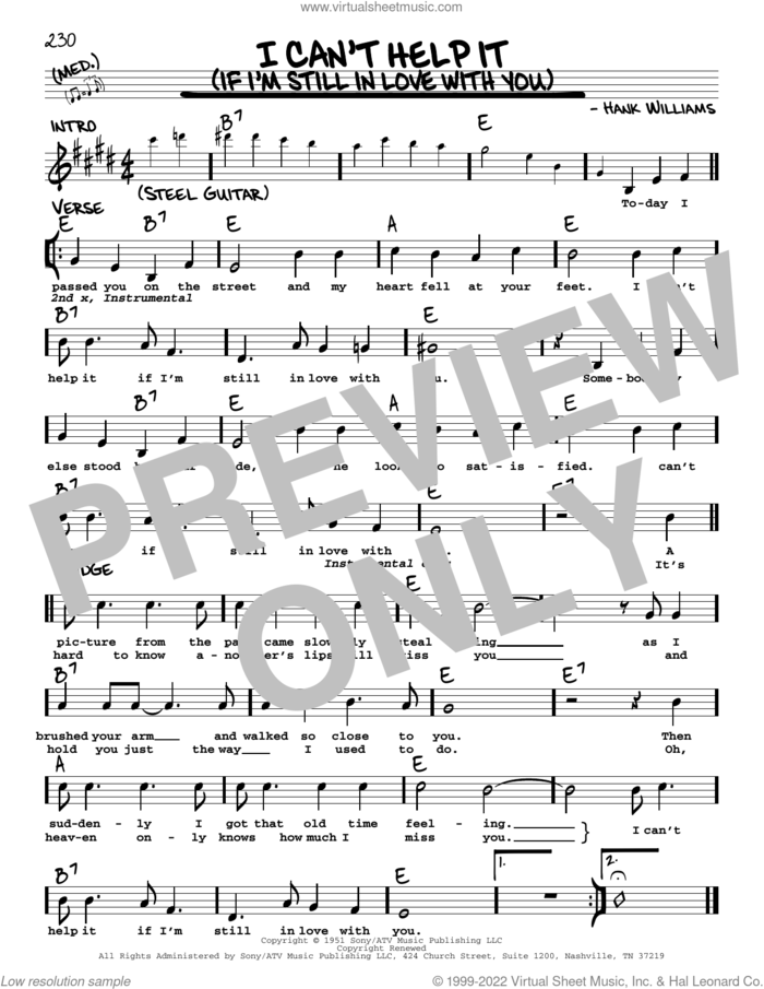 I Can't Help It (If I'm Still In Love With You) sheet music for voice and other instruments (real book with lyrics) by Hank Williams, intermediate skill level