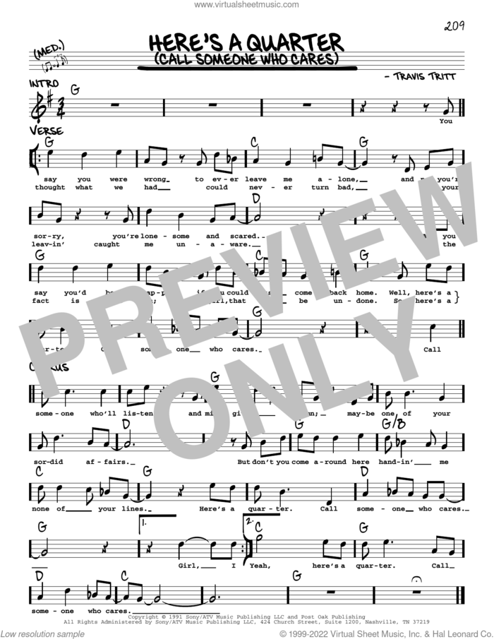 Here's A Quarter (Call Someone Who Cares) sheet music for voice and other instruments (real book with lyrics) by Travis Tritt, intermediate skill level