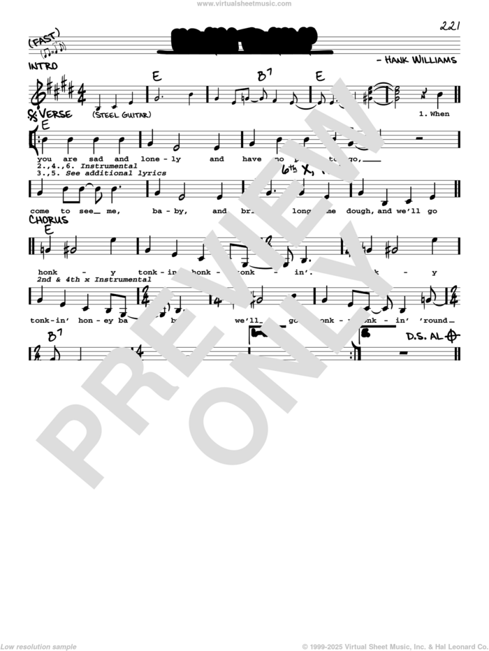 Honky Tonkin' sheet music for voice and other instruments (real book with lyrics) by Hank Williams and Hank Williams, Jr., intermediate skill level