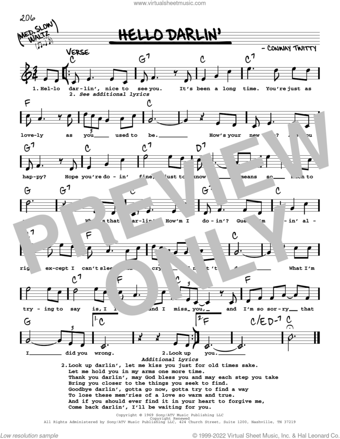 Hello Darlin' sheet music for voice and other instruments (real book with lyrics) by Conway Twitty, intermediate skill level