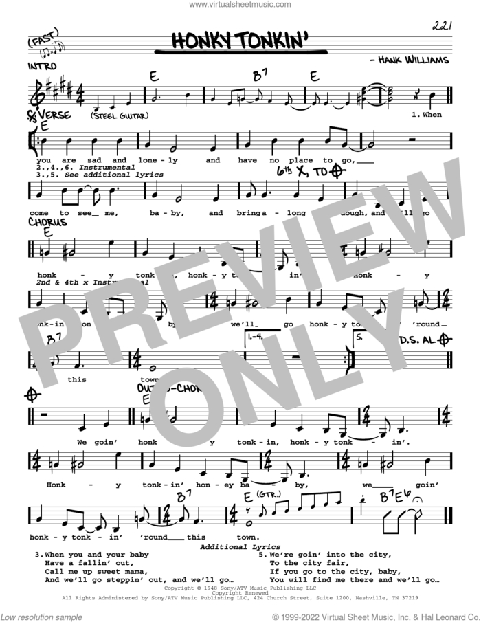 Honky Tonk Blues sheet music for voice and other instruments (real book with lyrics) by Hank Williams, intermediate skill level
