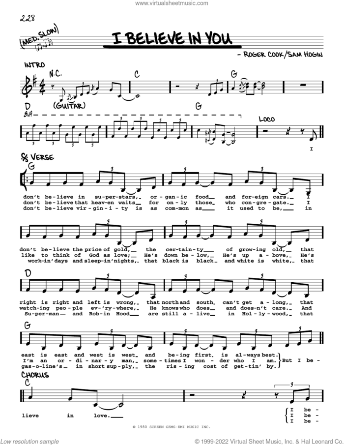 I Believe In You sheet music for voice and other instruments (real book with lyrics) by Don Williams, Roger Cook and Sam Hogin, intermediate skill level