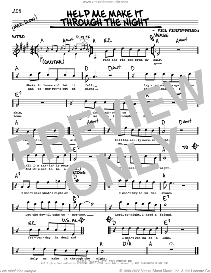 Help Me Make It Through The Night sheet music for voice and other instruments (real book with lyrics) by Kris Kristofferson, Elvis Presley, Sammi Smith and Willie Nelson, intermediate skill level