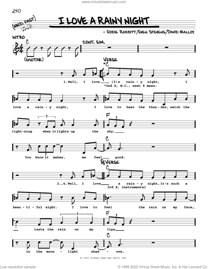 I Love A Rainy Night sheet music for voice and other instruments (real book with lyrics) by Eddie Rabbitt, David Malloy and Even Stevens, intermediate skill level
