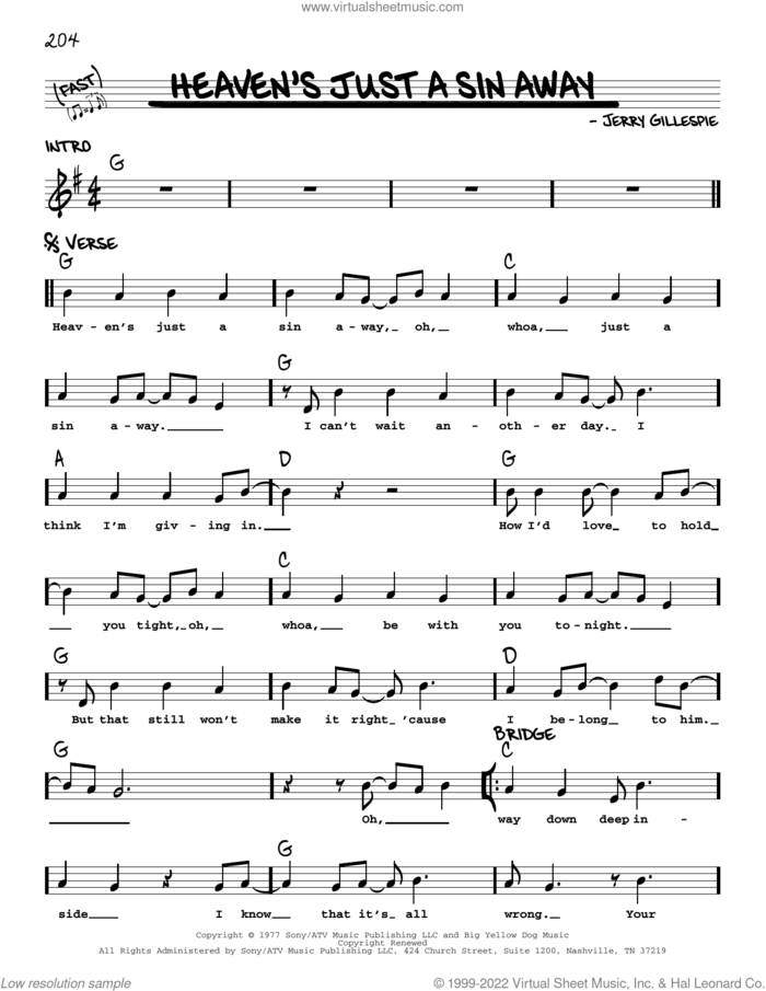 Heaven's Just A Sin Away sheet music for voice and other instruments (real book with lyrics) by The Kendalls and Jerry Gillespie, intermediate skill level