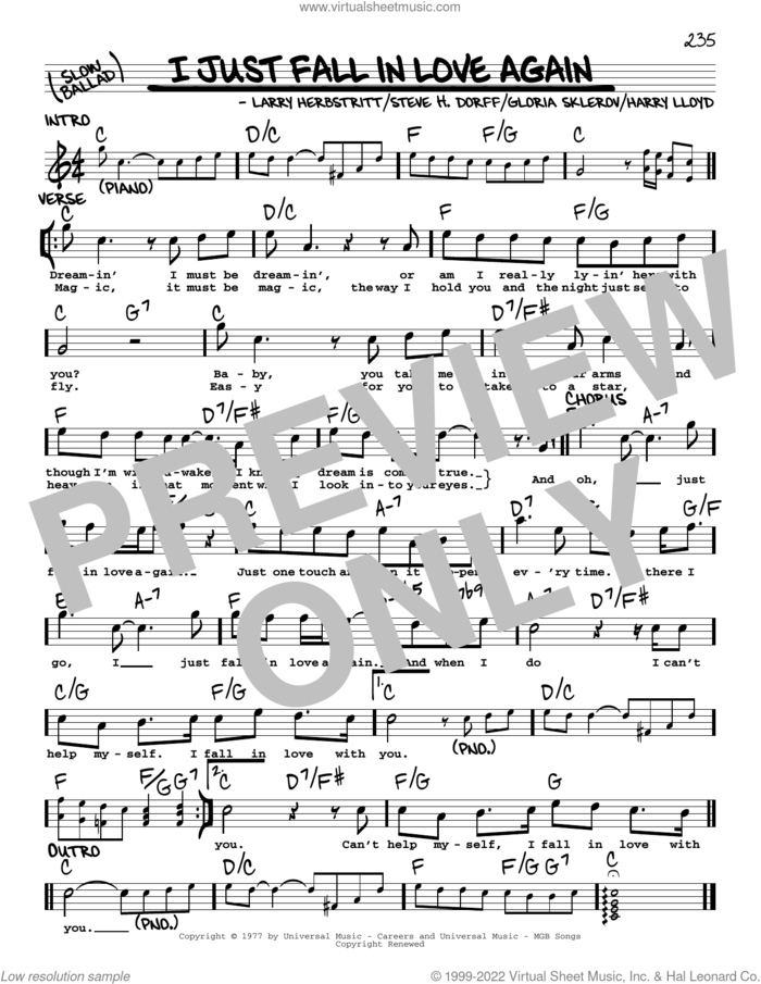 I Just Fall In Love Again sheet music for voice and other instruments (real book with lyrics) by Anne Murray, Carpenters, Gloria Sklerov, Harry Lloyd, Larry Herbstritt and Steve Dorff, intermediate skill level