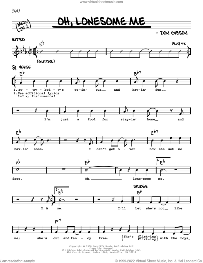 Oh, Lonesome Me sheet music for voice and other instruments (real book with lyrics) by Don Gibson, intermediate skill level