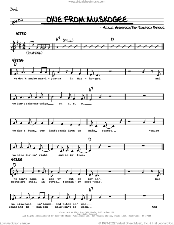Okie From Muskogee sheet music for voice and other instruments (real book with lyrics) by Merle Haggard and Roy Edward Burris, intermediate skill level