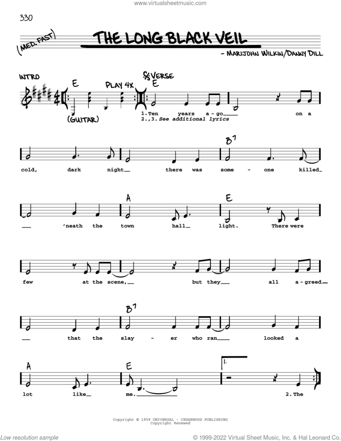 The Long Black Veil sheet music for voice and other instruments (real book with lyrics) by Lefty Frizzell, Danny Dill and Marijohn Wilkin, intermediate skill level