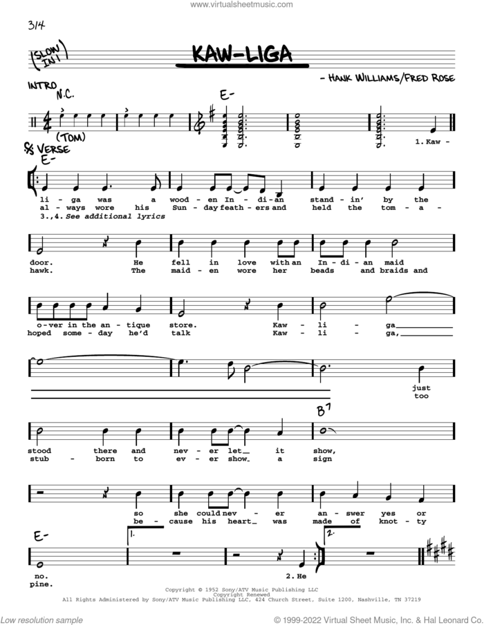 Kaw-Liga sheet music for voice and other instruments (real book with lyrics) by Hank Williams, Charley Pride and Fred Rose, intermediate skill level