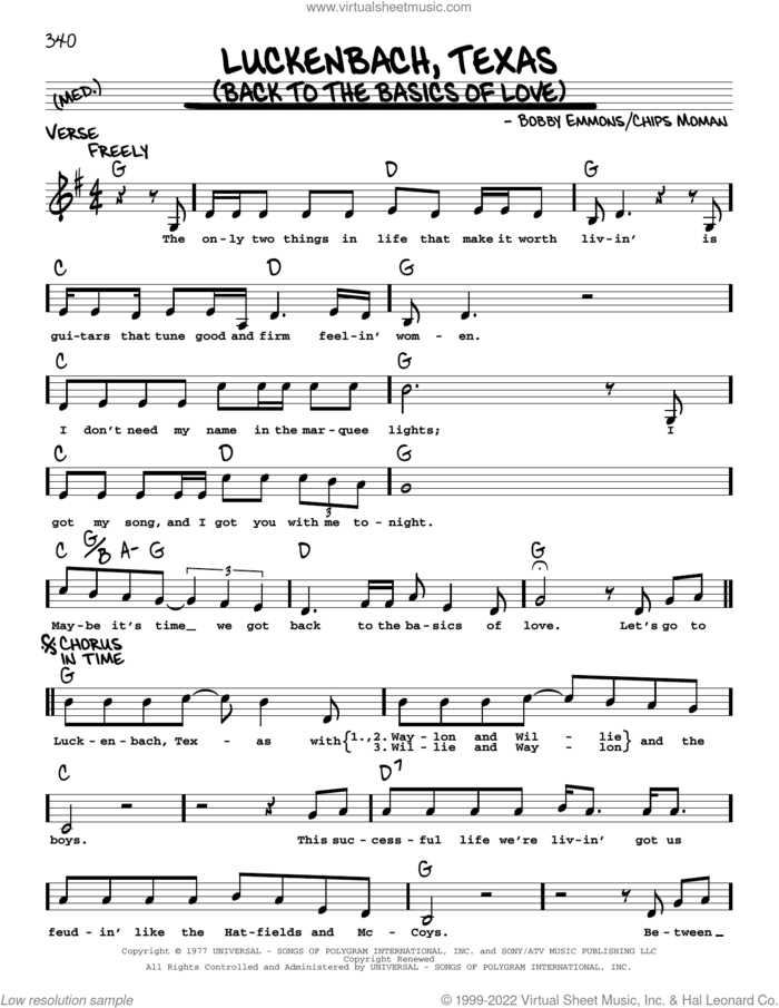 Luckenbach, Texas (Back To The Basics Of Love) sheet music for voice and other instruments (real book with lyrics) by Waylon Jennings, Bobby Emmons and Chips Moman, intermediate skill level