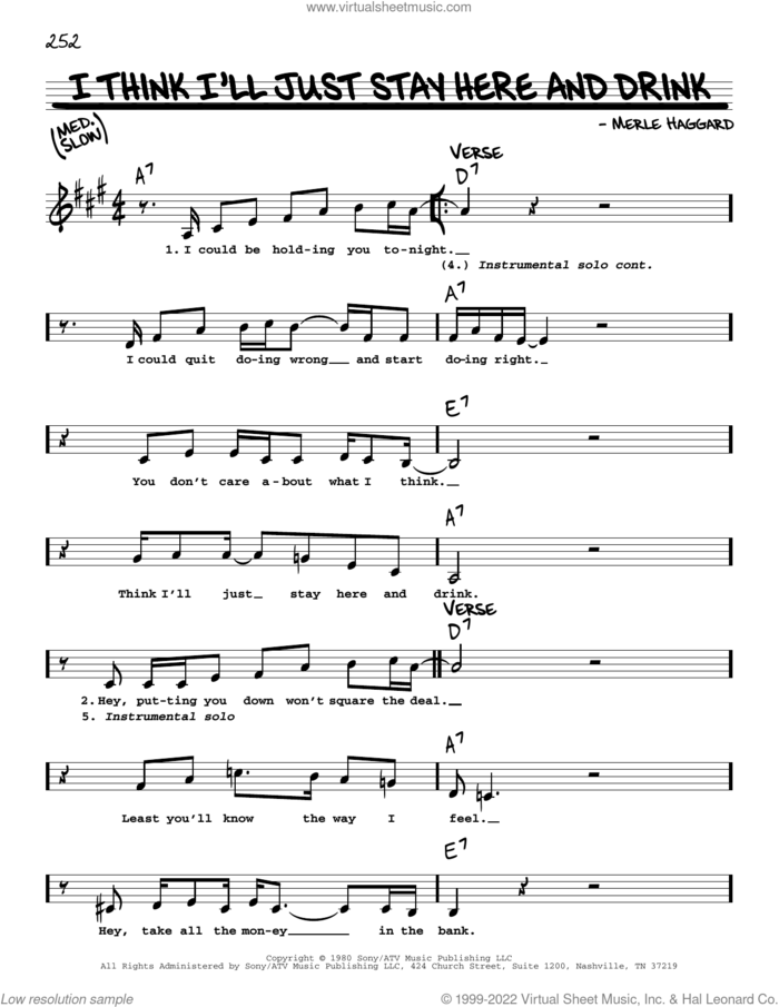 I Think I'll Just Stay Here And Drink sheet music for voice and other instruments (real book with lyrics) by Merle Haggard, intermediate skill level