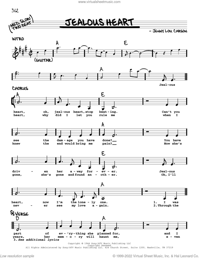 Jealous Heart sheet music for voice and other instruments (real book with lyrics) by Jenny Lou Carson, Al Morgan and Tex Ritter, intermediate skill level