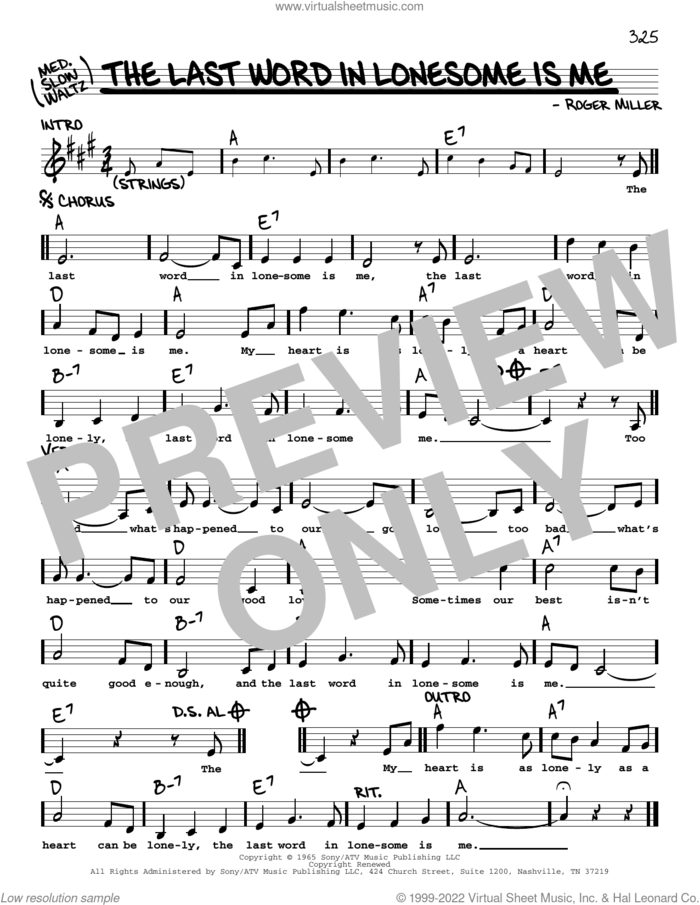 The Last Word In Lonesome Is Me sheet music for voice and other instruments (real book with lyrics) by Roger Miller and Eddy Arnold, intermediate skill level