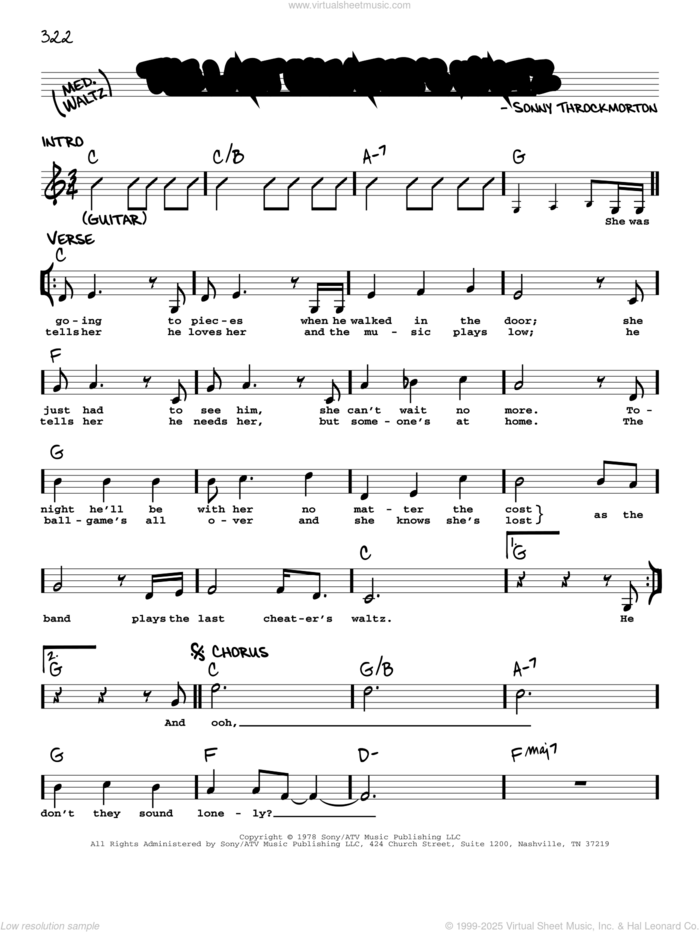 The Last Cheater's Waltz sheet music for voice and other instruments (real book with lyrics) by T.G. Sheppard and Sonny Throckmorton, intermediate skill level