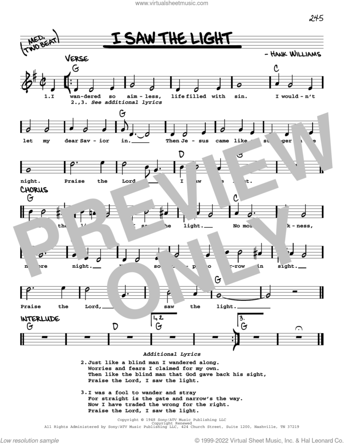 I Saw The Light sheet music for voice and other instruments (real book with lyrics) by Hank Williams, intermediate skill level