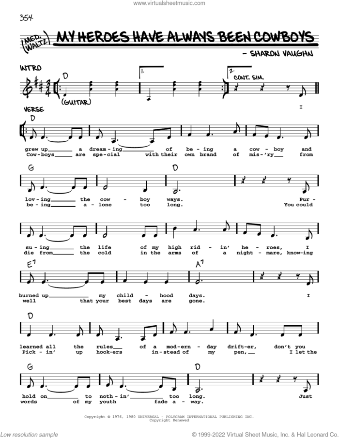 My Heroes Have Always Been Cowboys sheet music for voice and other instruments (real book with lyrics) by Willie Nelson and Sharon Vaughn, intermediate skill level
