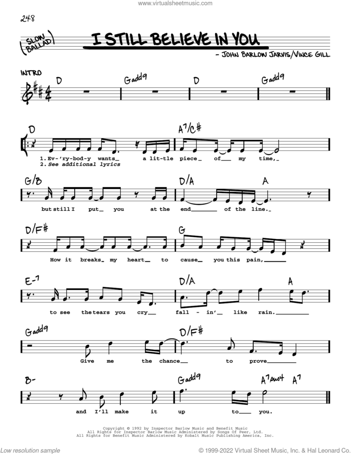 I Still Believe In You sheet music for voice and other instruments (real book with lyrics) by Vince Gill and John Jarvis, intermediate skill level