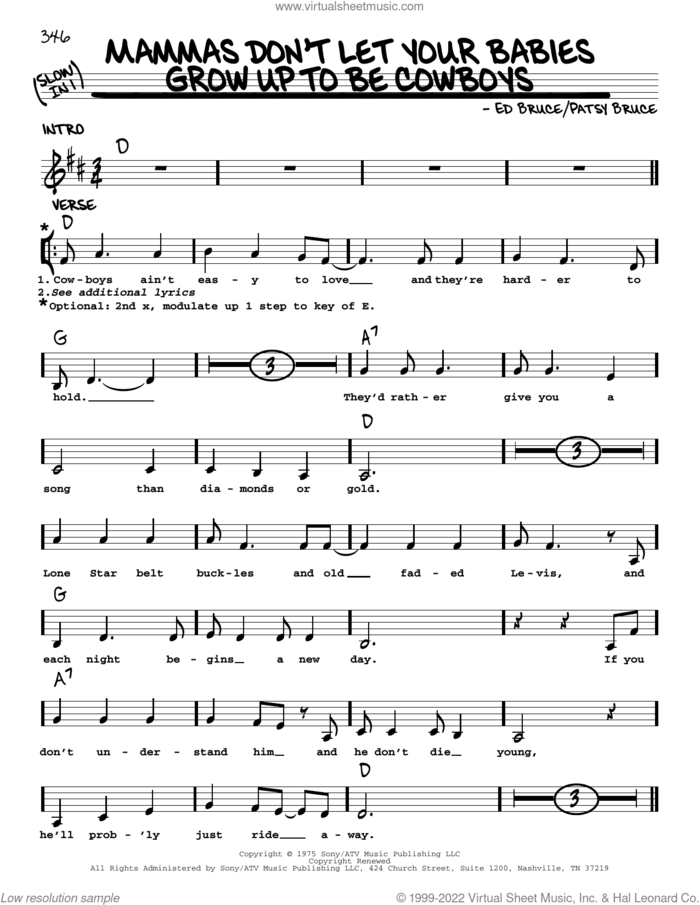 Mammas Don't Let Your Babies Grow Up To Be Cowboys sheet music for voice and other instruments (real book with lyrics) by Ed Bruce and Patsy Bruce, intermediate skill level