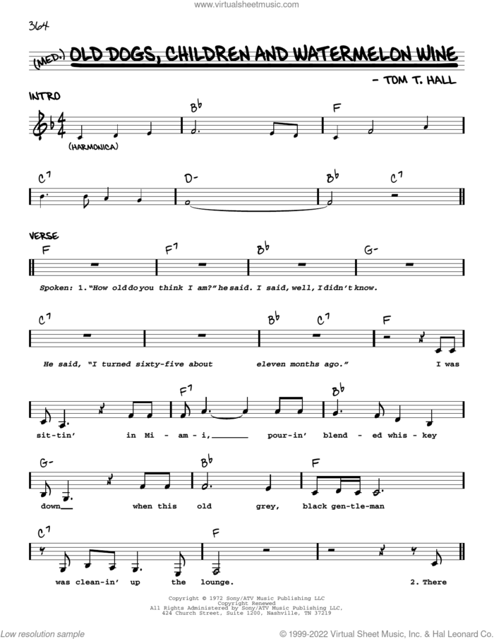 Old Dogs, Children And Watermelon Wine sheet music for voice and other instruments (real book with lyrics) by Tom T. Hall, intermediate skill level