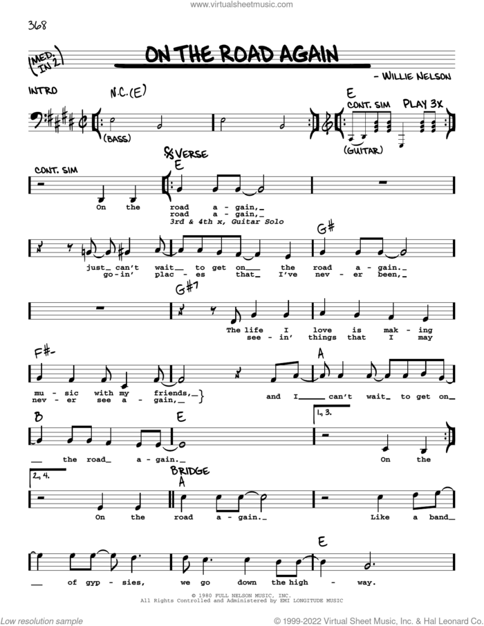 On The Road Again sheet music for voice and other instruments (real book with lyrics) by Willie Nelson, intermediate skill level
