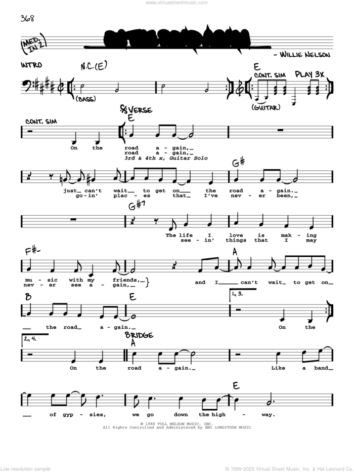 On The Road Again sheet music for voice and other instruments (real book with lyrics) by Willie Nelson, intermediate skill level