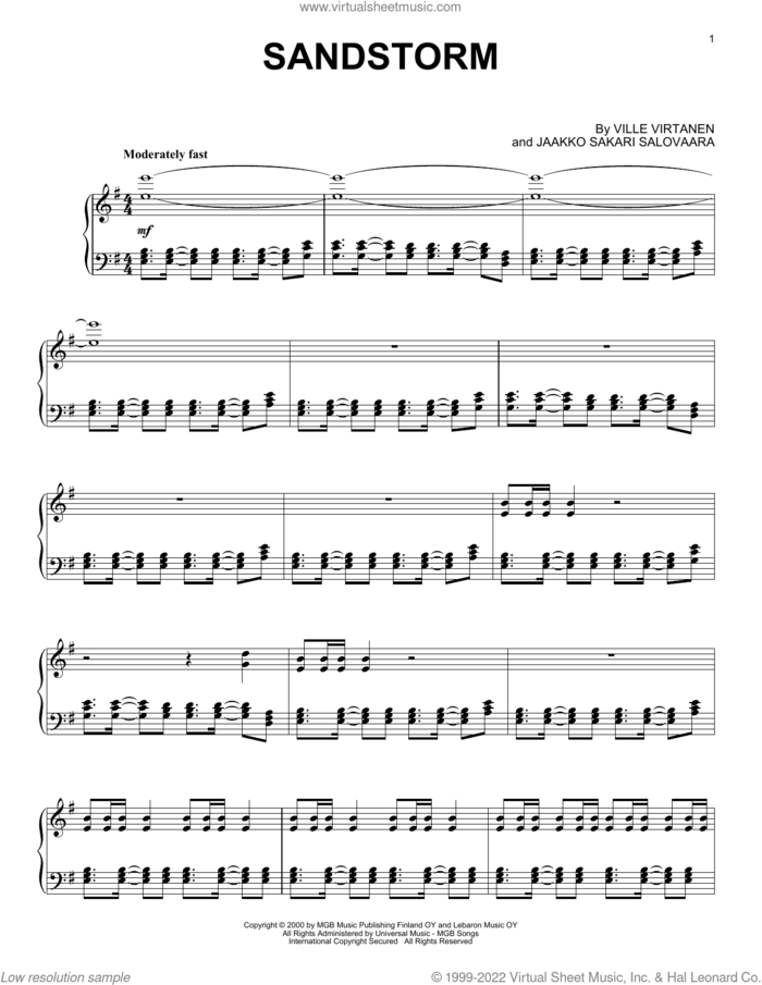 Sandstorm sheet music for piano solo by Darude, Jaakko Sakari Salovaara and Ville Virtanen, intermediate skill level