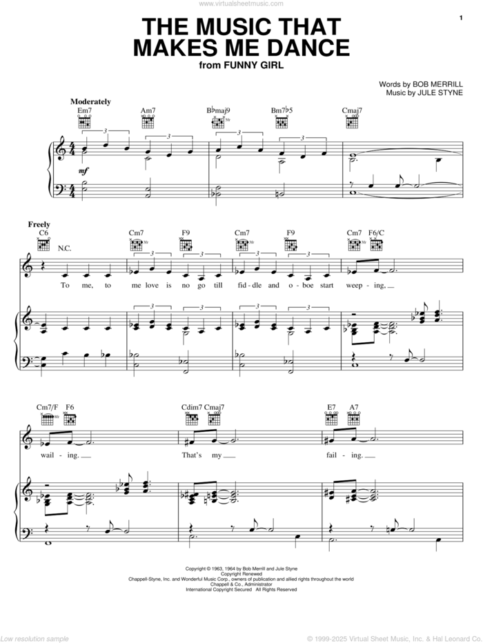 The Music That Makes Me Dance sheet music for voice, piano or guitar by Barbra Streisand, Natalie Cole, Bob Merrill, Bob Merrill and Jule Styne and Jule Styne, intermediate skill level